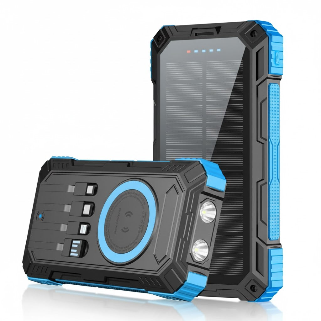 Rugged power bank with blue accents on a white background
