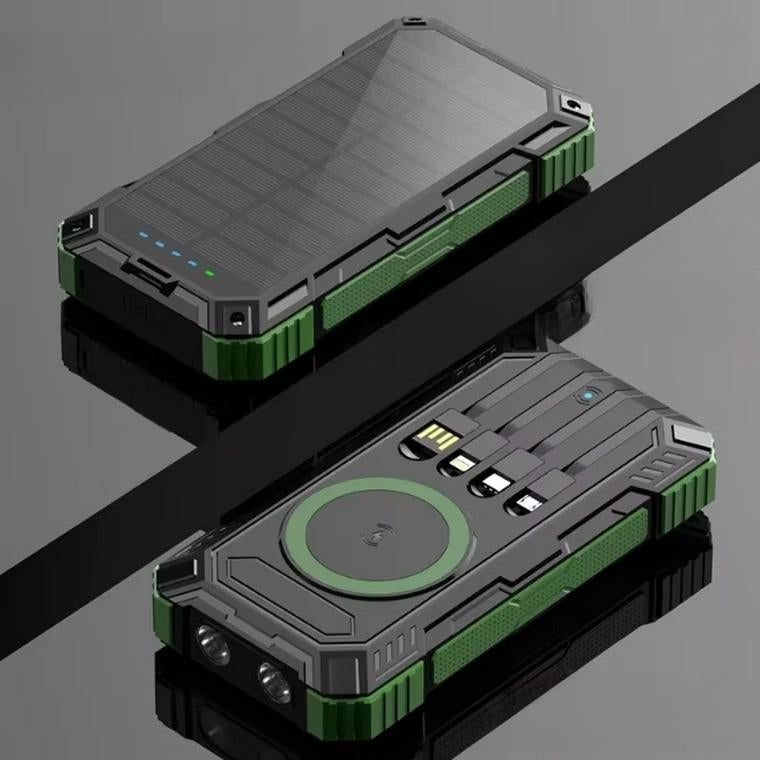 Two views of a green and gray power bank on a reflective surface with a gray background