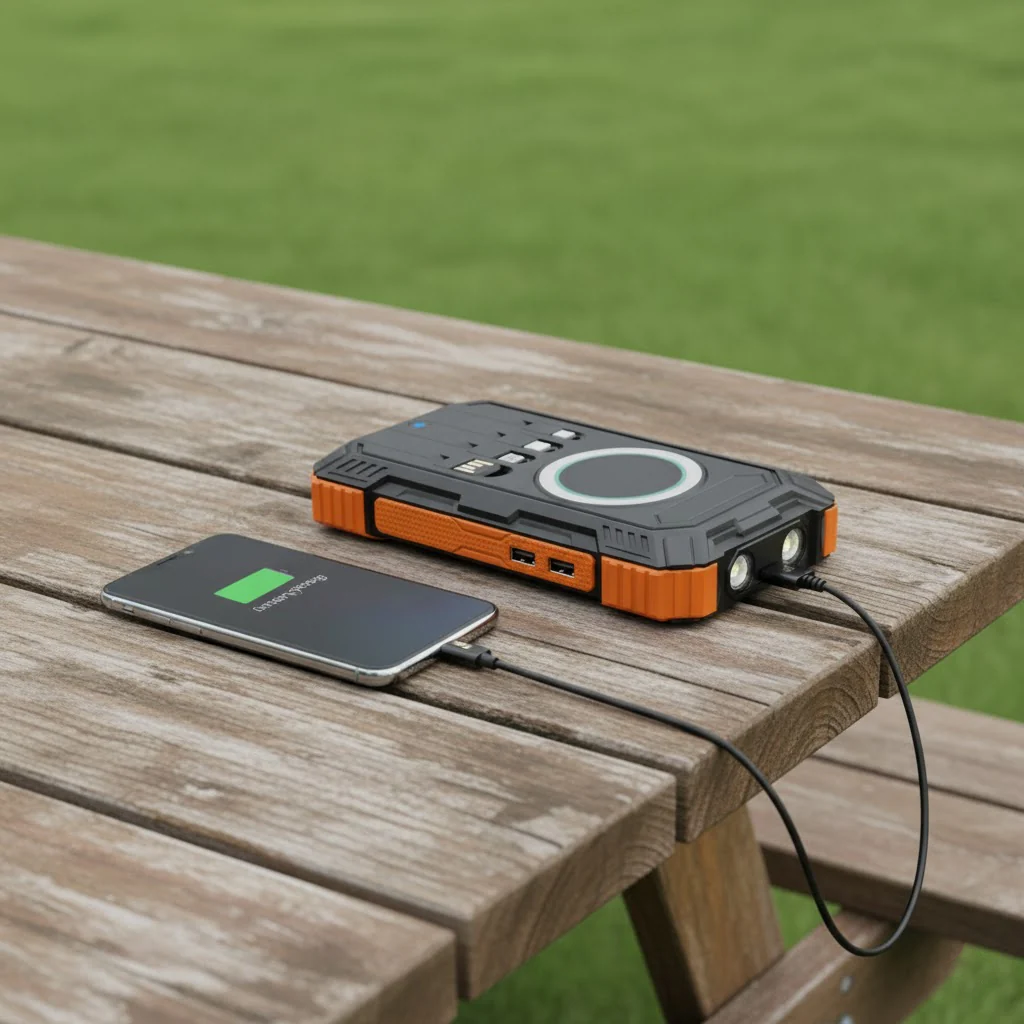 Portable power station charging a smartphone on a wooden table outdoors.