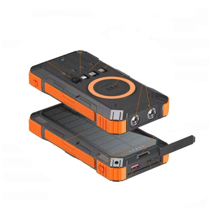 Rugged device with orange and black design on a white background