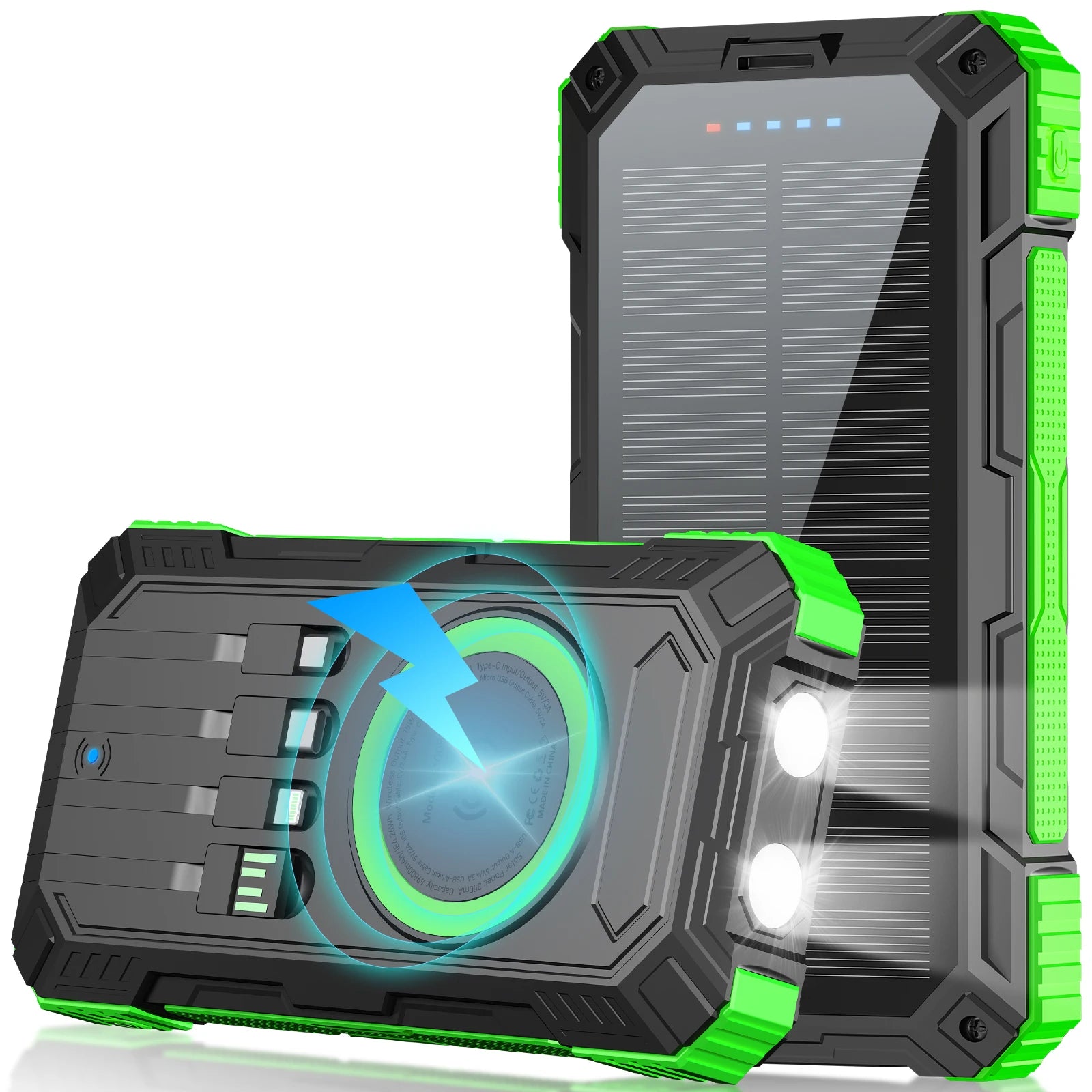 49800mAh Solar Power Bank with PD 22.5W & 15W Wireless Fast Charging, Built-in 4 Cables, Multi-Device Support, Lanyard Anti-Slip