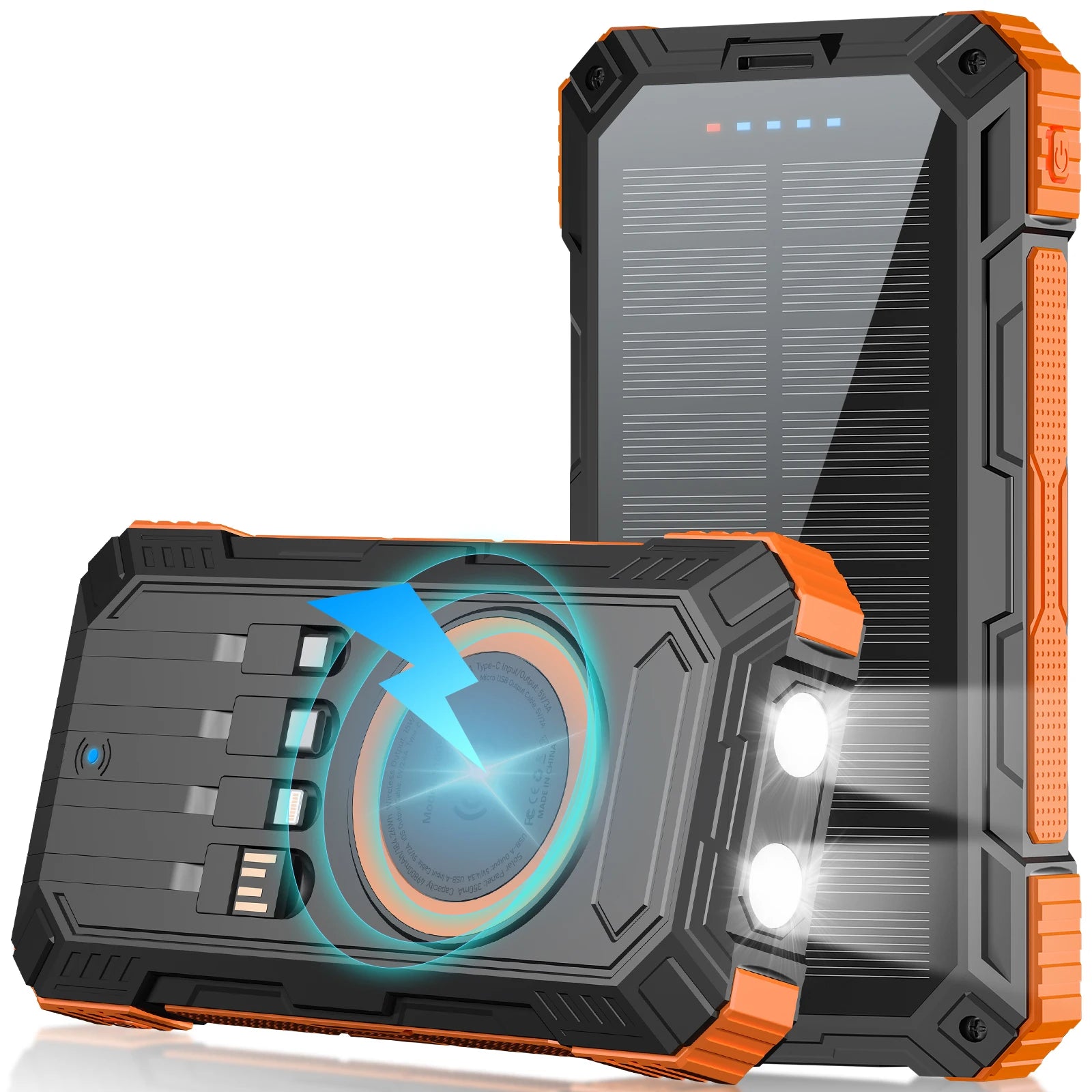 49800mAh Solar Power Bank with PD 22.5W & 15W Wireless Fast Charging, Built-in 4 Cables, Multi-Device Support, Lanyard Anti-Slip