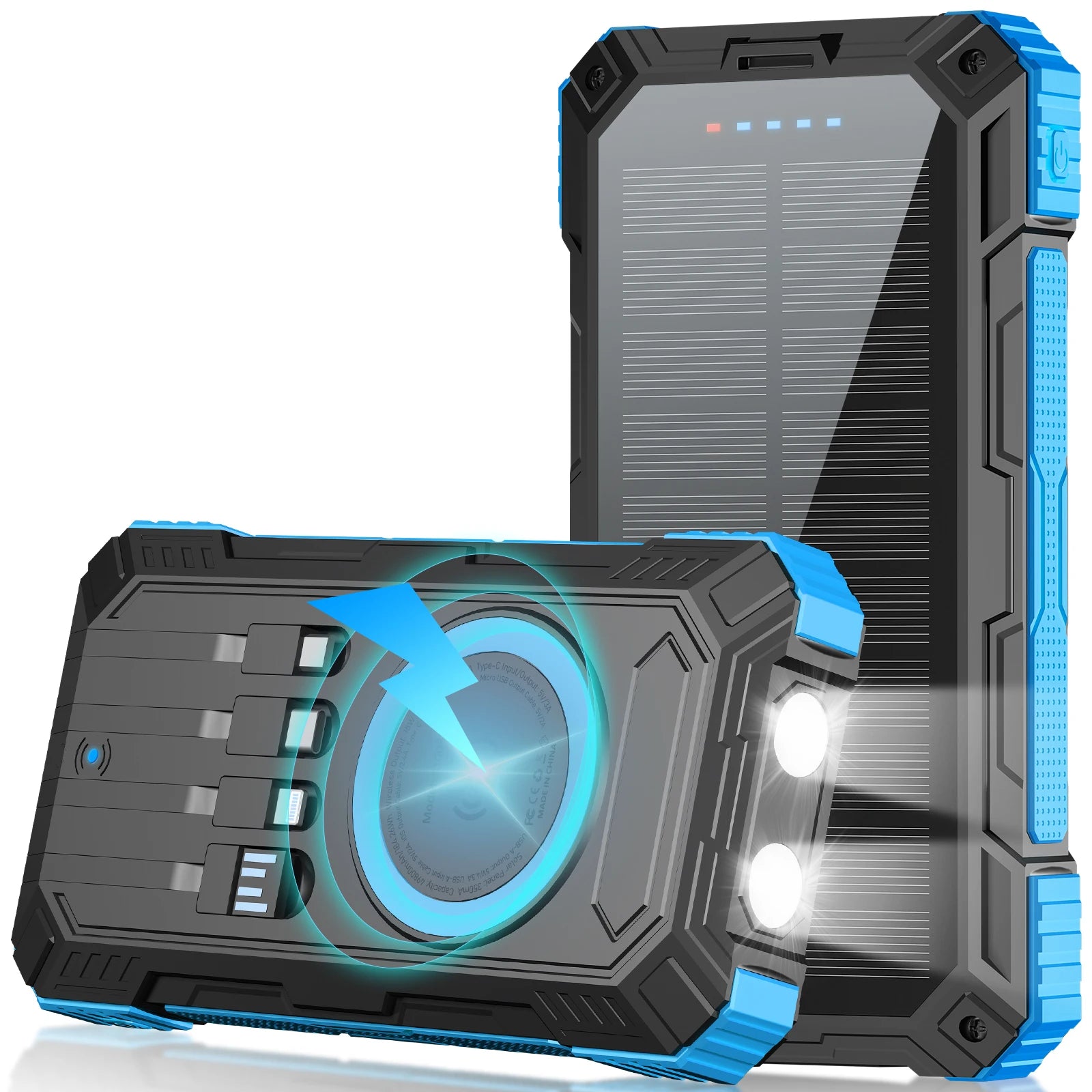 49800mAh Solar Power Bank with PD 22.5W & 15W Wireless Fast Charging, Built-in 4 Cables, Multi-Device Support, Lanyard Anti-Slip