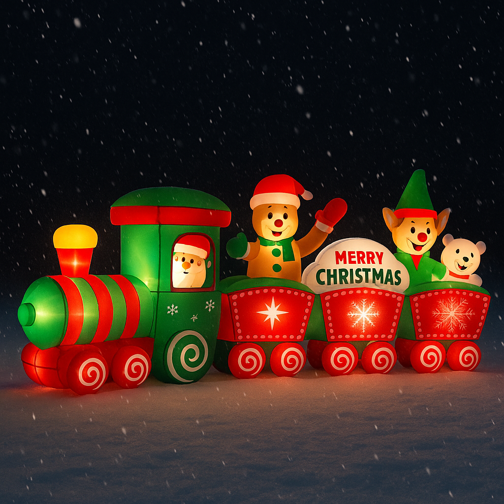 12 Ft Deluxe Christmas Inflatable Train with Santa, Reindeer & Gingerbread Man - Built-in LED Lights, Holiday Outdoor Decor