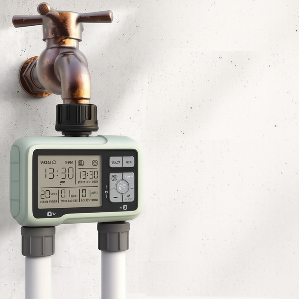 Digital water meter with a vintage-style faucet on a light gray background