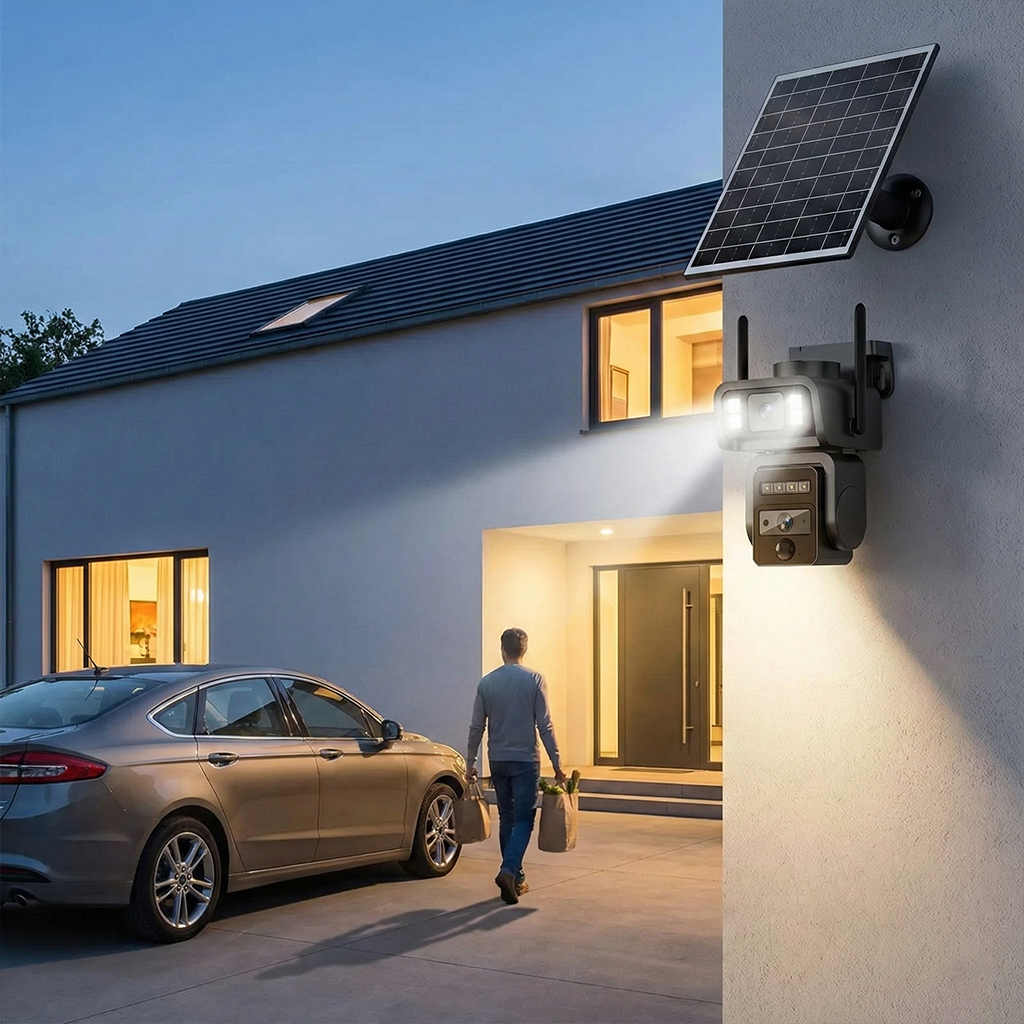 Wireless Dual Lens Solar-Powered Outdoor Security Camera with Battery & PZT IP Surveillance