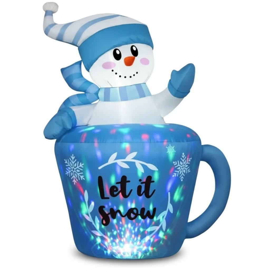5FT Light-Up Christmas Inflatable Snowman in Blue Mug | Durable Outdoor Holiday Decoration