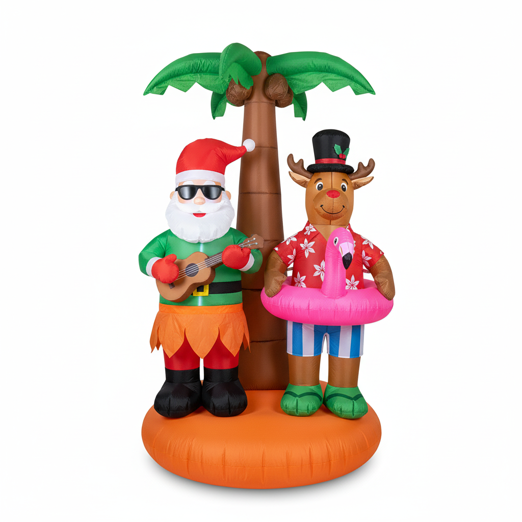 Hawaiian Christmas Inflatable: 6.9ft Tropical Santa & Reindeer with Palm Tree & Flamingo