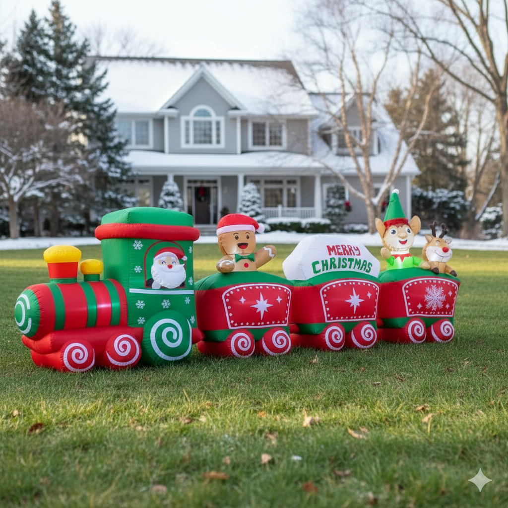 12 Ft Deluxe Christmas Inflatable Train with Santa, Reindeer & Gingerbread Man - Built-in LED Lights, Holiday Outdoor Decor