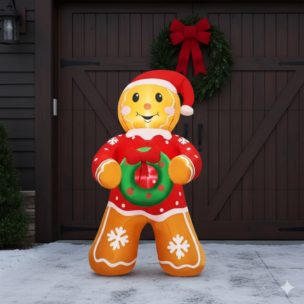 5.6 FT LED Lighted Christmas Gingerbread Man Inflatable Yard Decoration with Santa Hat & Wreath - Outdoor Holiday Decor