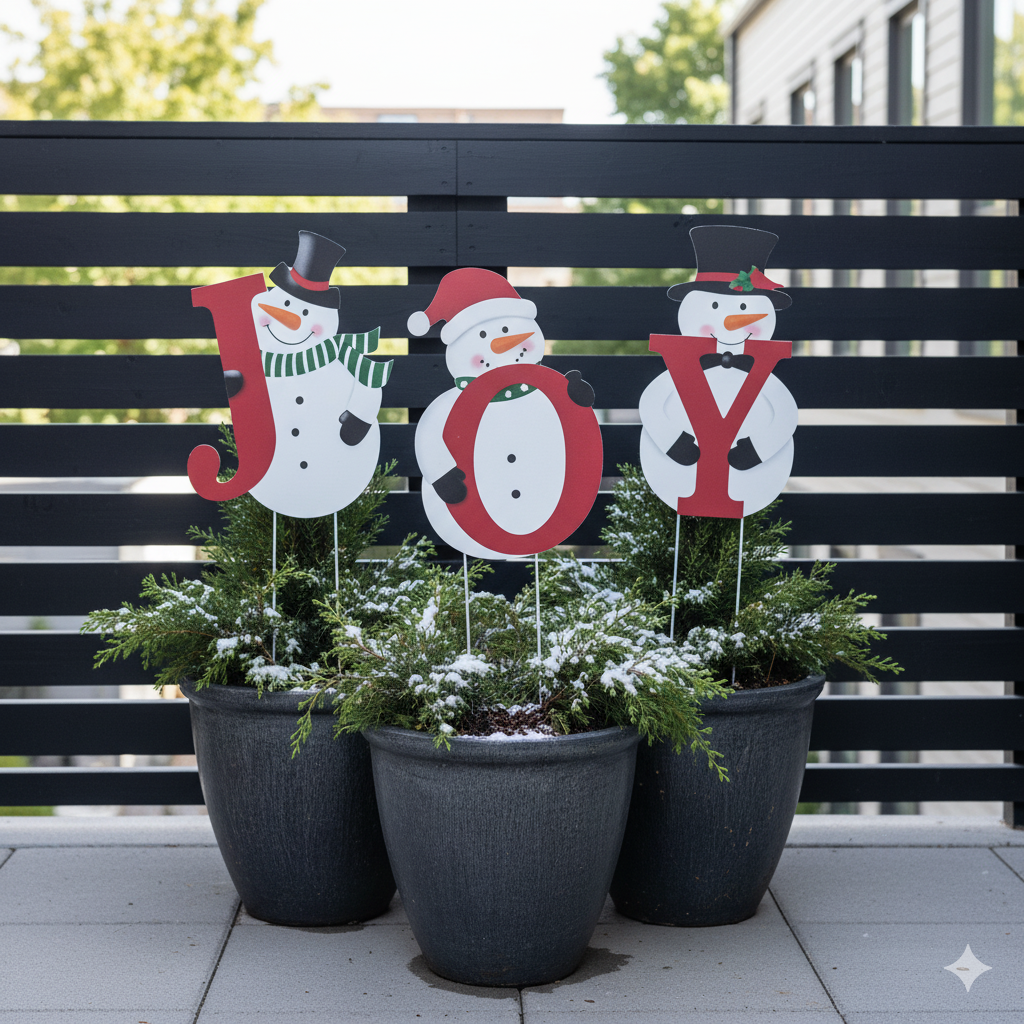 Festive Snowman 'JOY' Christmas Yard Stakes with LED Lights - Waterproof Outdoor Holiday Decor