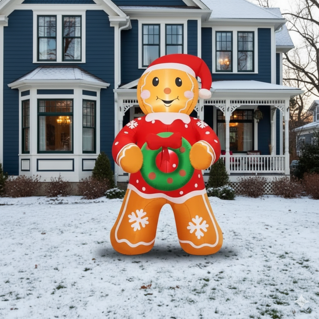 5.6 FT LED Lighted Christmas Gingerbread Man Inflatable Yard Decoration with Santa Hat & Wreath - Outdoor Holiday Decor