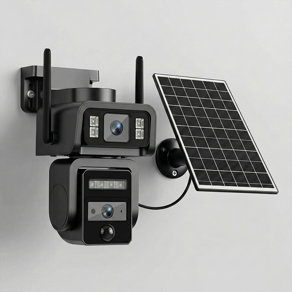 Wireless Dual Lens Solar-Powered Outdoor Security Camera with Battery & PZT IP Surveillance