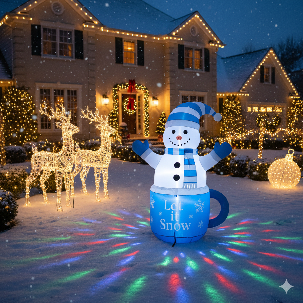 5FT Light-Up Christmas Inflatable Snowman in Blue Mug | Durable Outdoor Holiday Decoration