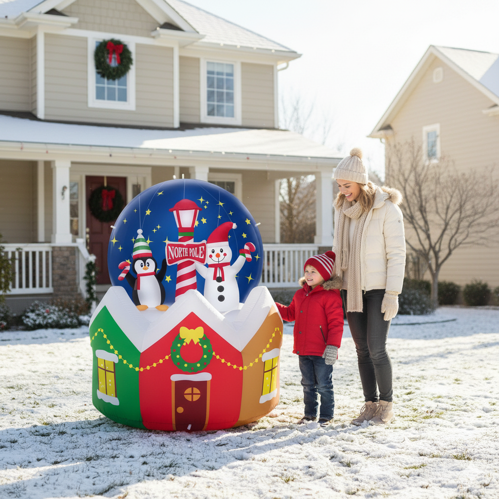 Festive Fun | 6ft Christmas Inflatable Snow Globe with Snowman & Penguin - Outdoor LED Display