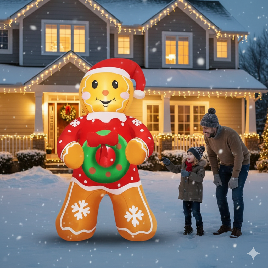 5.6 FT LED Lighted Christmas Gingerbread Man Inflatable Yard Decoration with Santa Hat & Wreath - Outdoor Holiday Decor