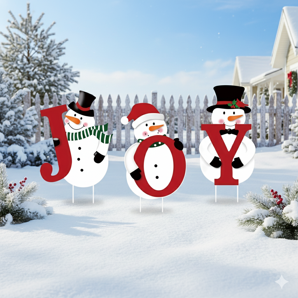 Festive Snowman 'JOY' Christmas Yard Stakes with LED Lights - Waterproof Outdoor Holiday Decor