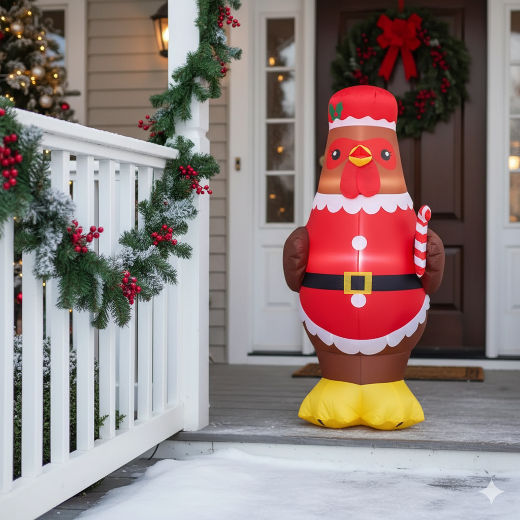 5ft Lighted Christmas Inflatable Chicken Decor with Santa Outfit & LED Lights