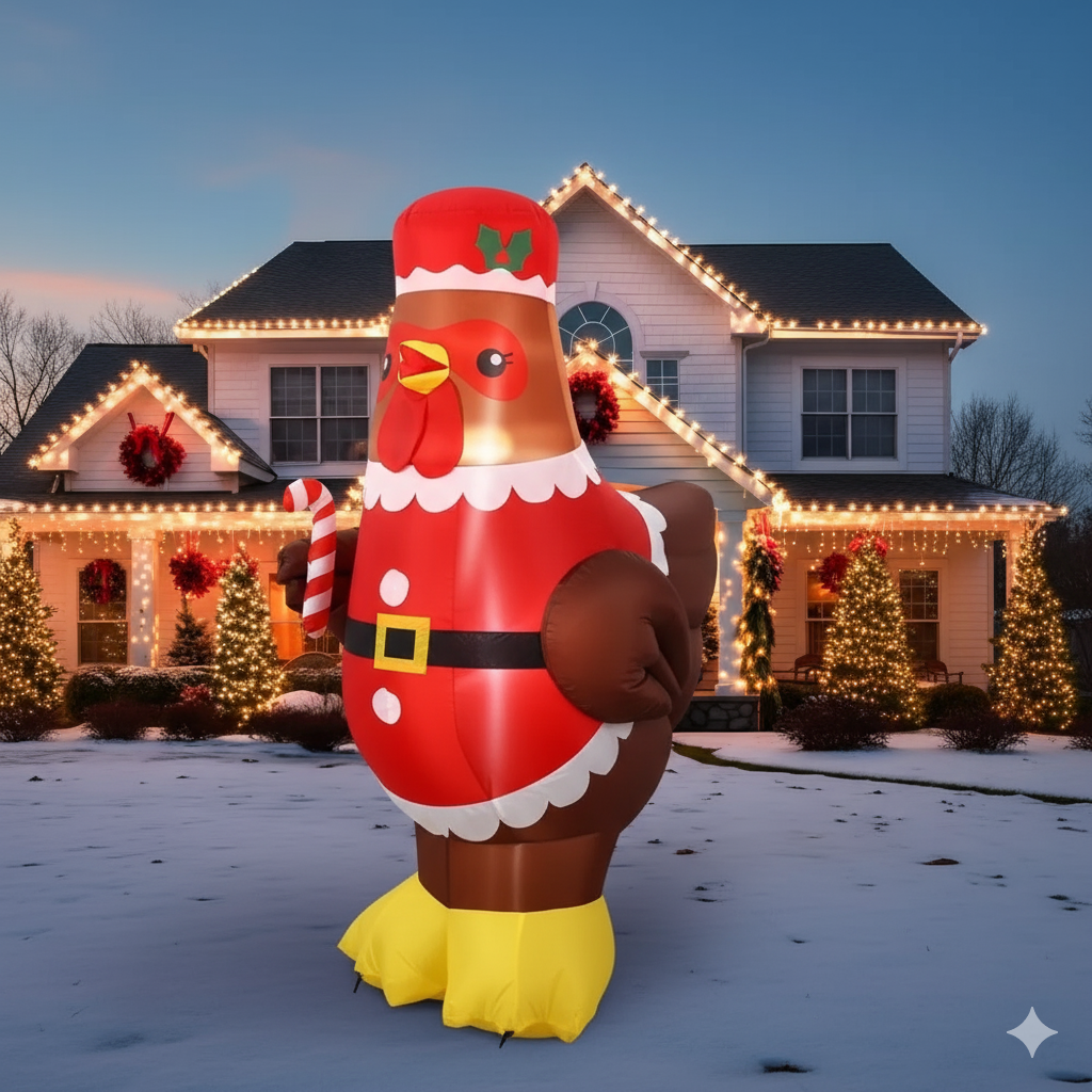 5ft Lighted Christmas Inflatable Chicken Decor with Santa Outfit & LED Lights