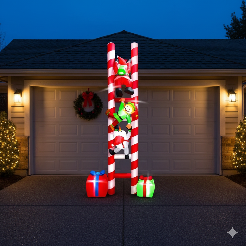 10 FT Giant Santa, Elf, & Snowman Climbing Candy Cane Inflatable Ladder Outdoor Christmas Decoration with LED Lights