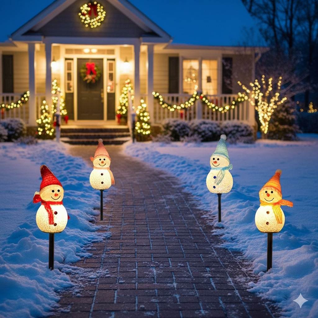 Solar LED Snowman Pathway Lights (4-Piece Set) - Outdoor Christmas Garden Decor