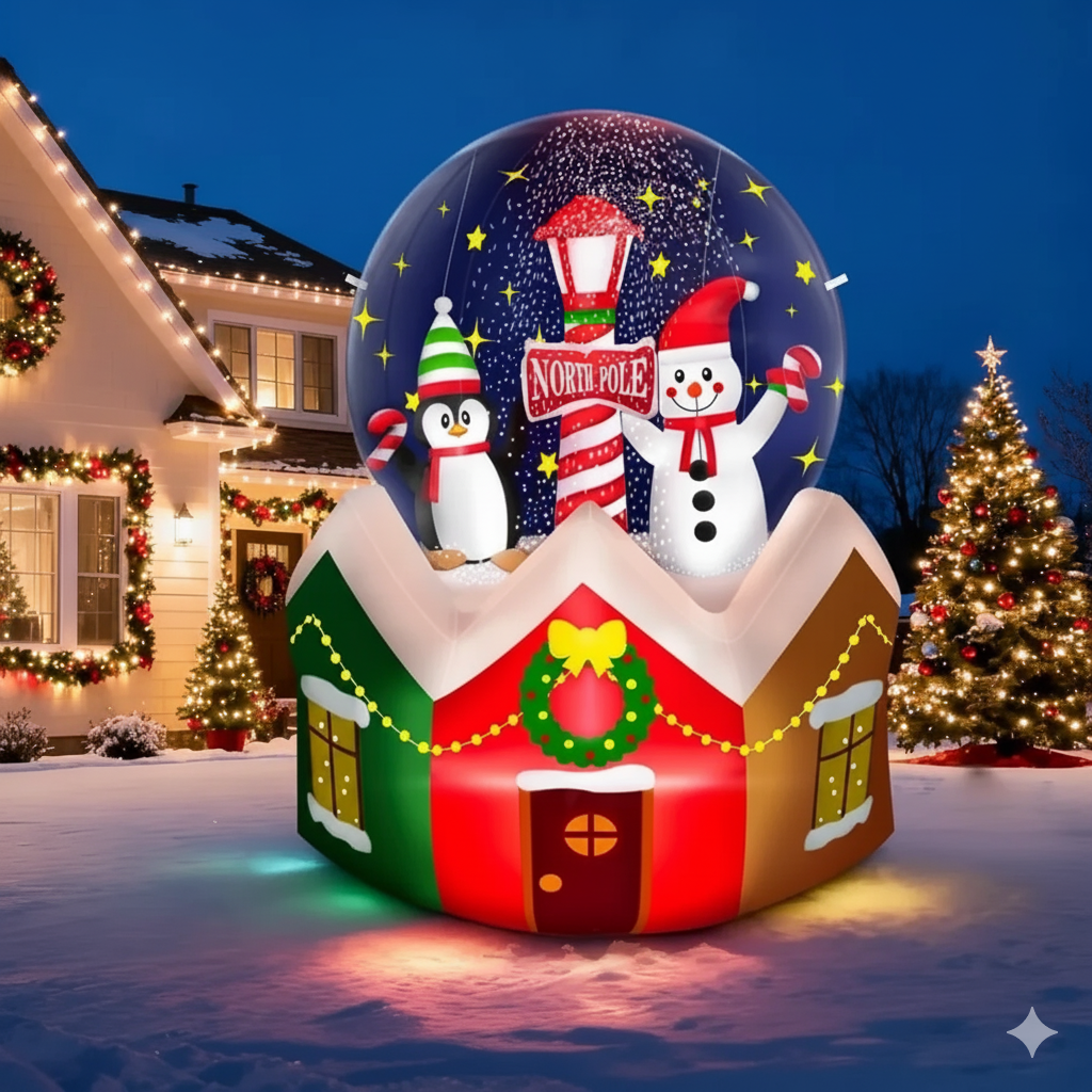 Festive Fun | 6ft Christmas Inflatable Snow Globe with Snowman & Penguin - Outdoor LED Display