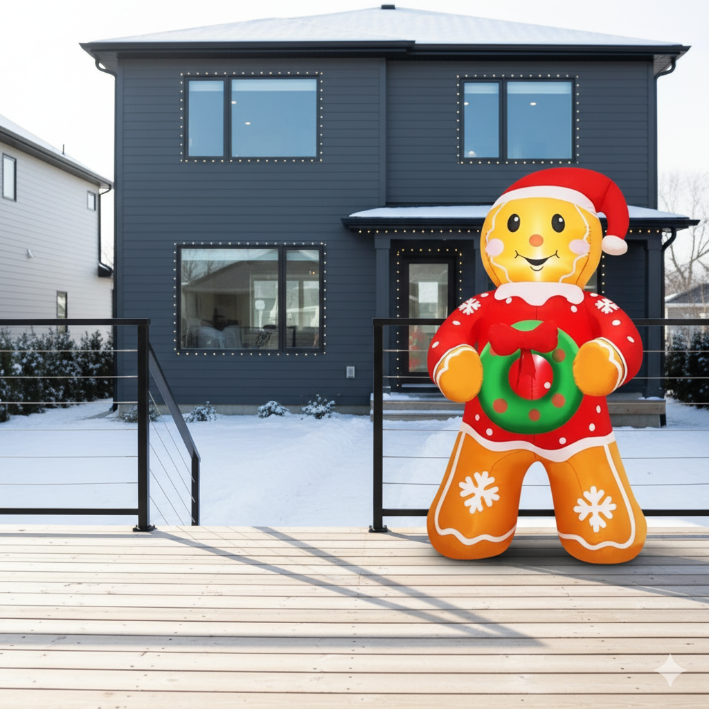 5.6 FT LED Lighted Christmas Gingerbread Man Inflatable Yard Decoration with Santa Hat & Wreath - Outdoor Holiday Decor
