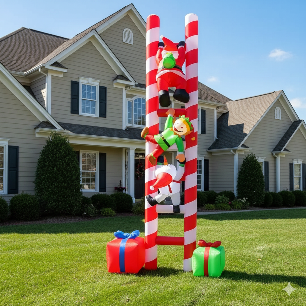 10 FT Giant Santa, Elf, & Snowman Climbing Candy Cane Inflatable Ladder Outdoor Christmas Decoration with LED Lights