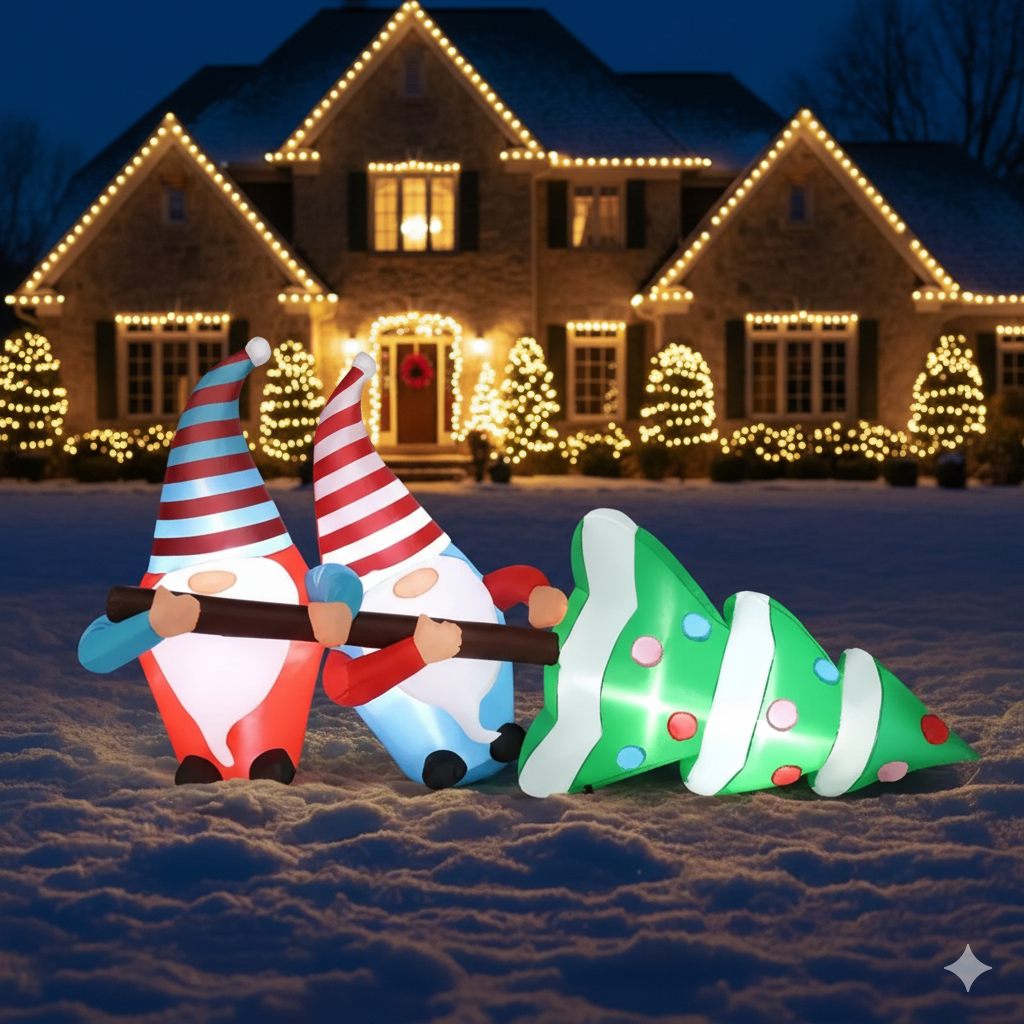 7-Foot Light-Up Christmas Gnomes Inflatable Decor with Fallen Tree | LED Outdoor Yard Decoration