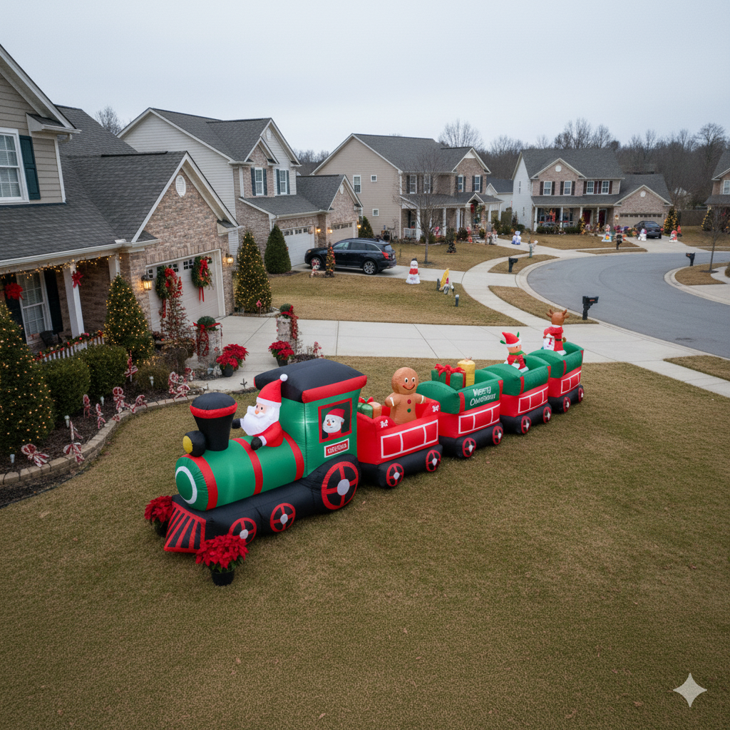 12 Ft Deluxe Christmas Inflatable Train with Santa, Reindeer & Gingerbread Man - Built-in LED Lights, Holiday Outdoor Decor