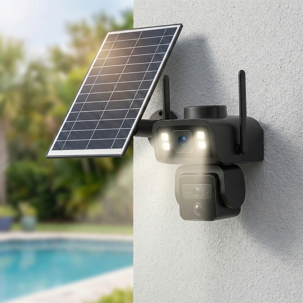 Wireless Dual Lens Solar-Powered Outdoor Security Camera with Battery & PZT IP Surveillance