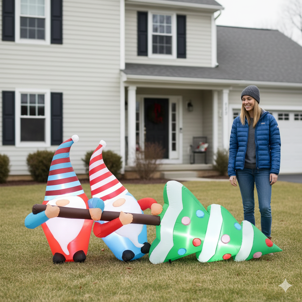 7-Foot Light-Up Christmas Gnomes Inflatable Decor with Fallen Tree | LED Outdoor Yard Decoration