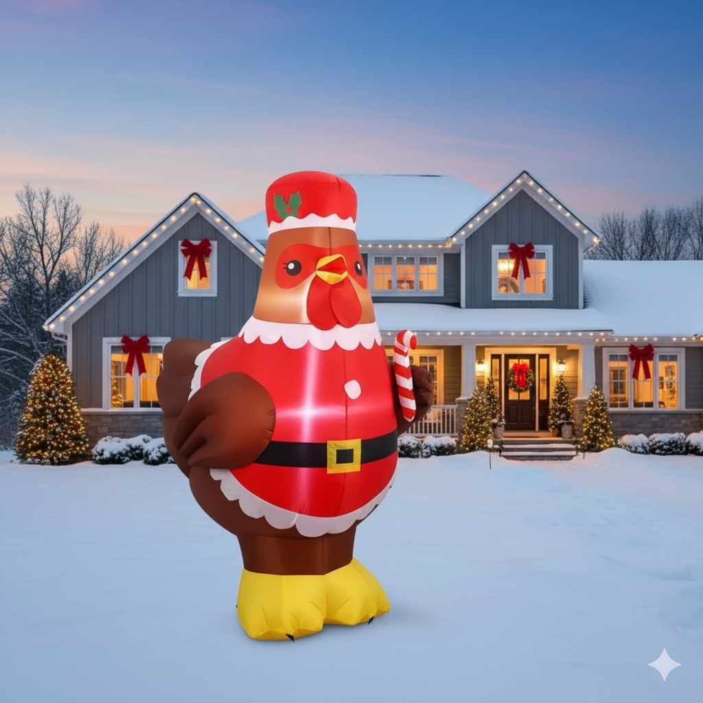5ft Lighted Christmas Inflatable Chicken Decor with Santa Outfit & LED Lights
