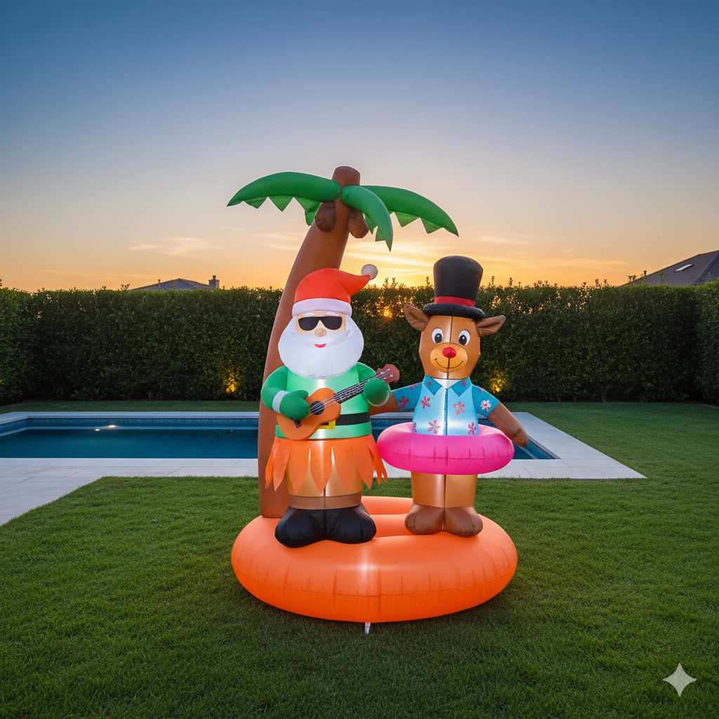Hawaiian Christmas Inflatable: 6.9ft Tropical Santa & Reindeer with Palm Tree & Flamingo