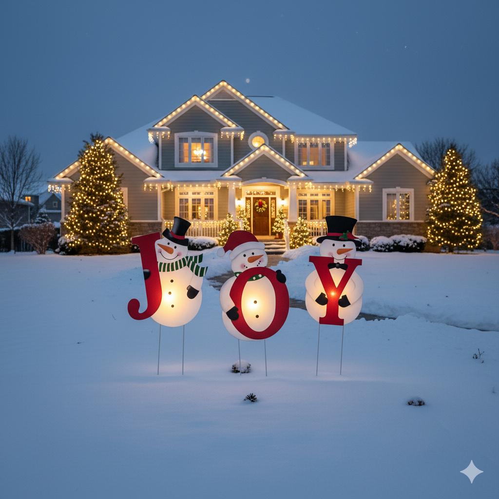 Festive Snowman 'JOY' Christmas Yard Stakes with LED Lights - Waterproof Outdoor Holiday Decor
