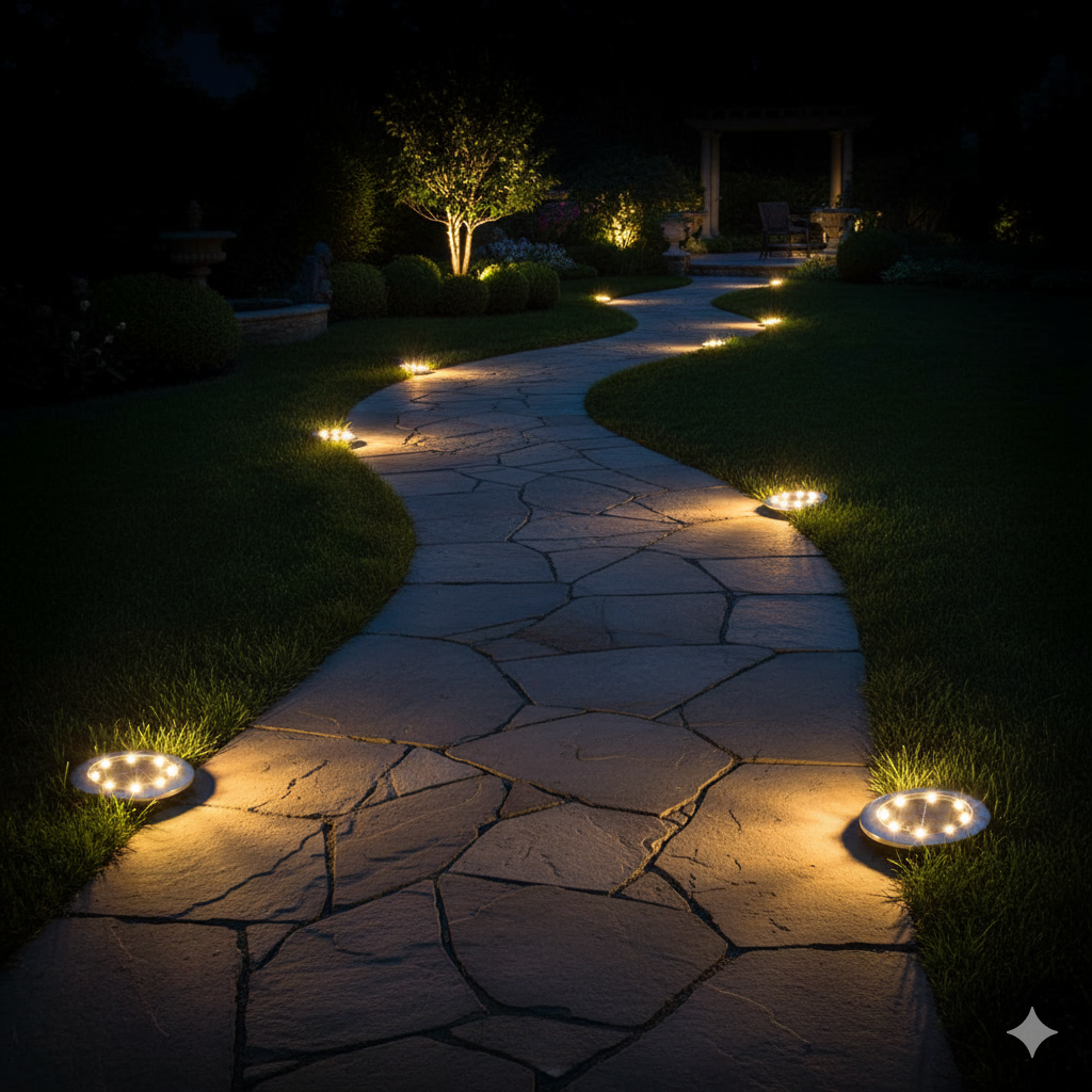 8-Pack Solar Disk Lights, 8 LED, Waterproof Ground/Deck Pathway Landscape Lighting