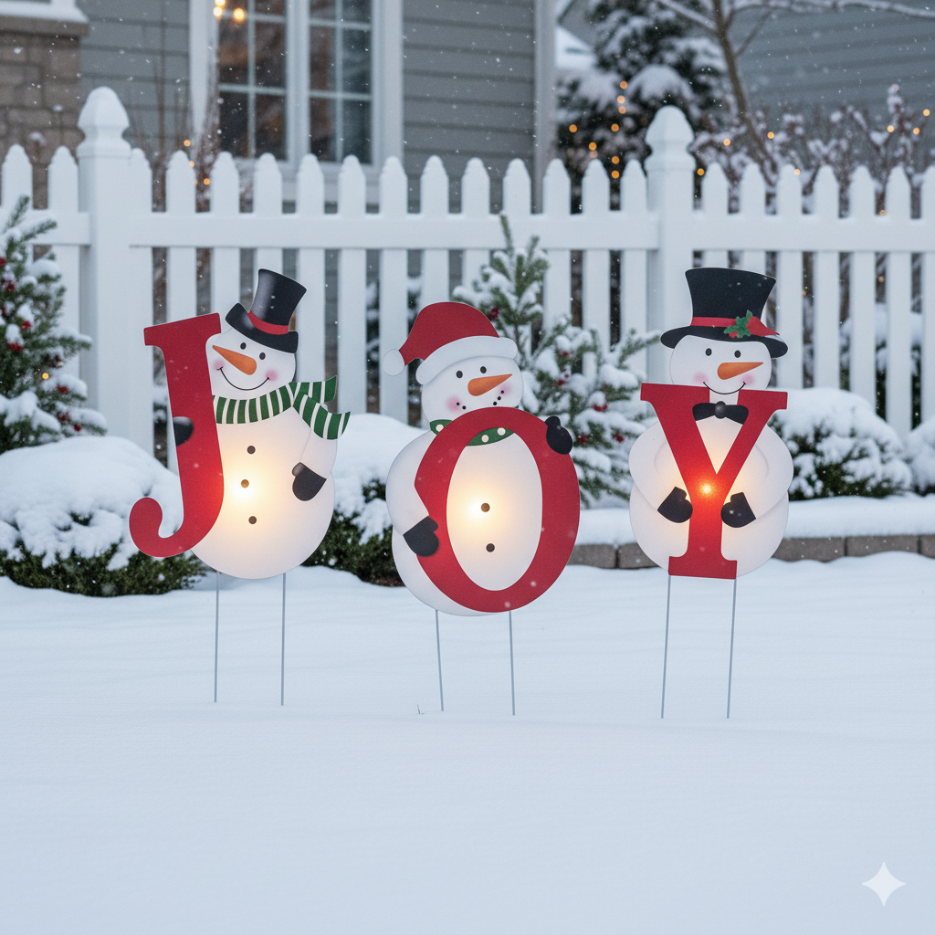 Festive Snowman 'JOY' Christmas Yard Stakes with LED Lights - Waterproof Outdoor Holiday Decor