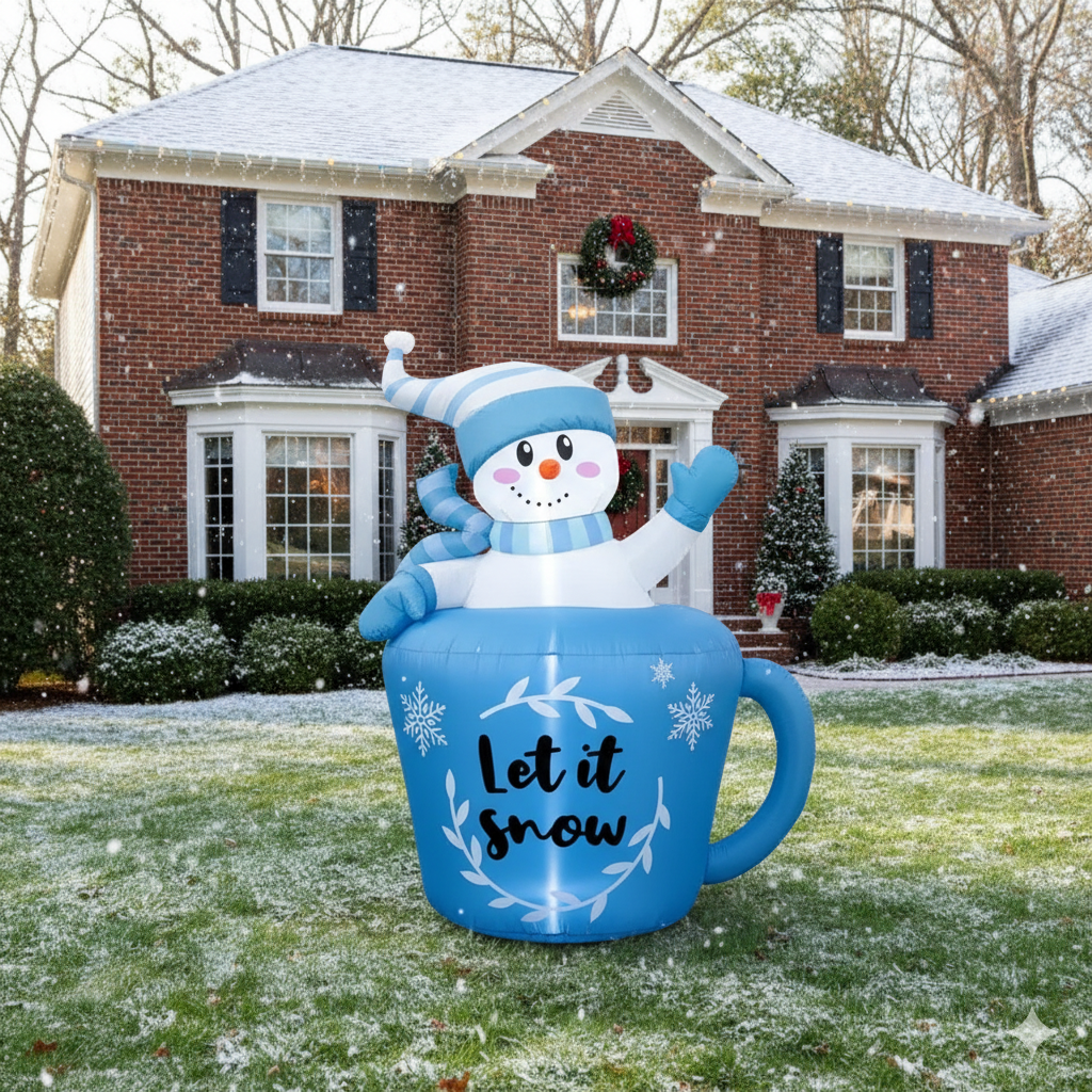 5FT Light-Up Christmas Inflatable Snowman in Blue Mug | Durable Outdoor Holiday Decoration