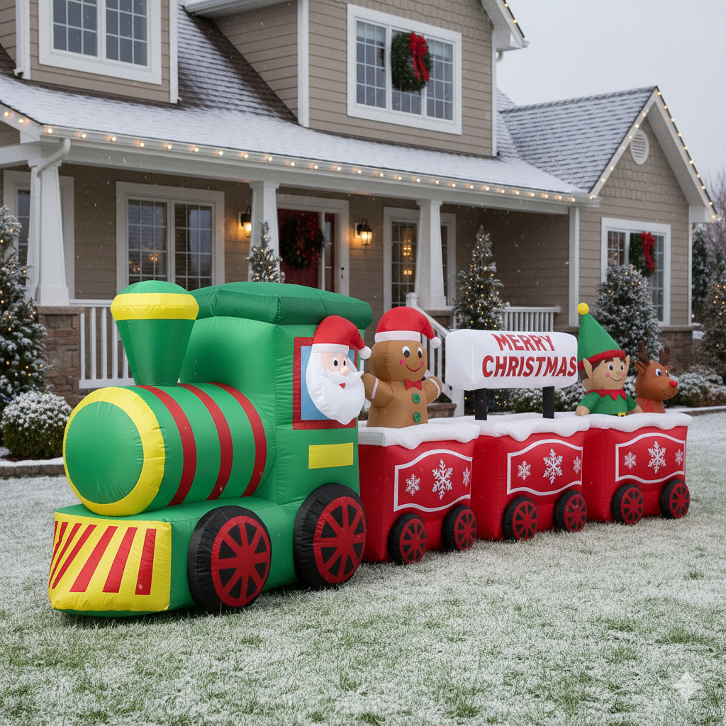 12 Ft Deluxe Christmas Inflatable Train with Santa, Reindeer & Gingerbread Man - Built-in LED Lights, Holiday Outdoor Decor