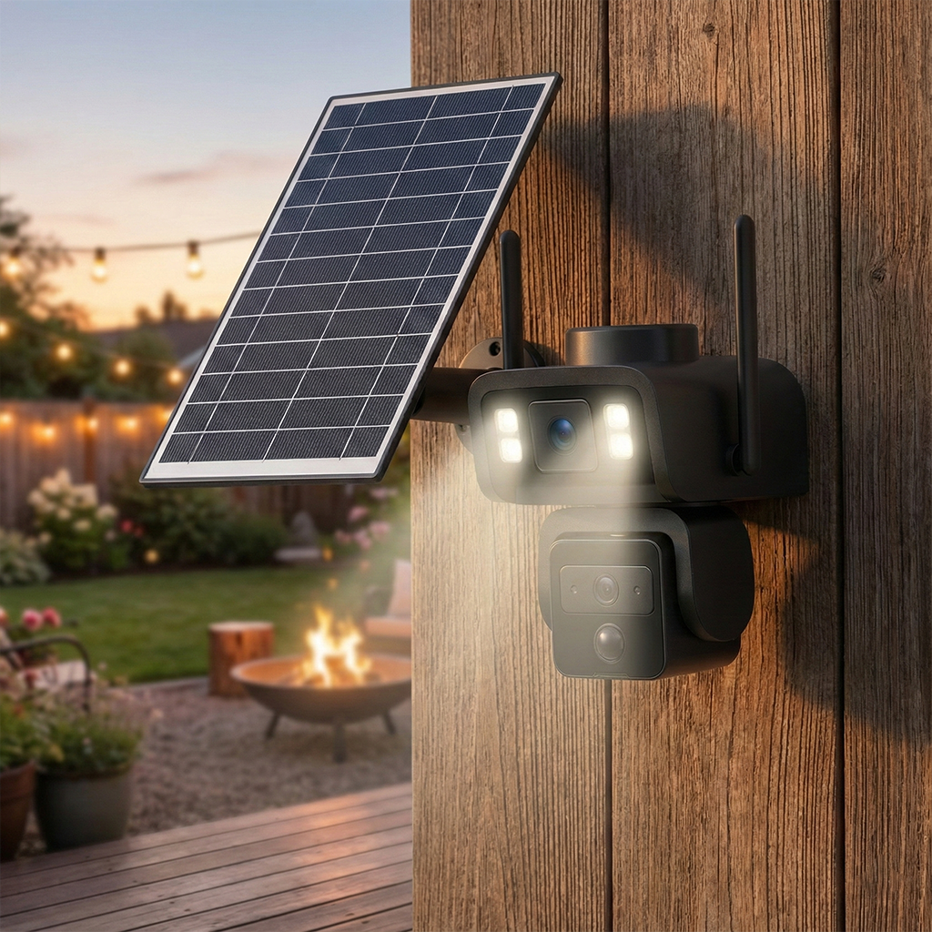 Wireless Dual Lens Solar-Powered Outdoor Security Camera with Battery & PZT IP Surveillance