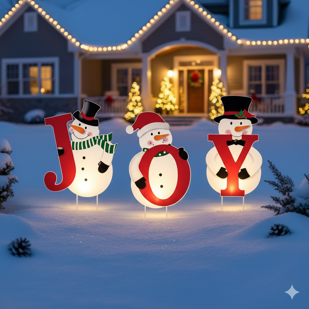 Festive Snowman 'JOY' Christmas Yard Stakes with LED Lights - Waterproof Outdoor Holiday Decor