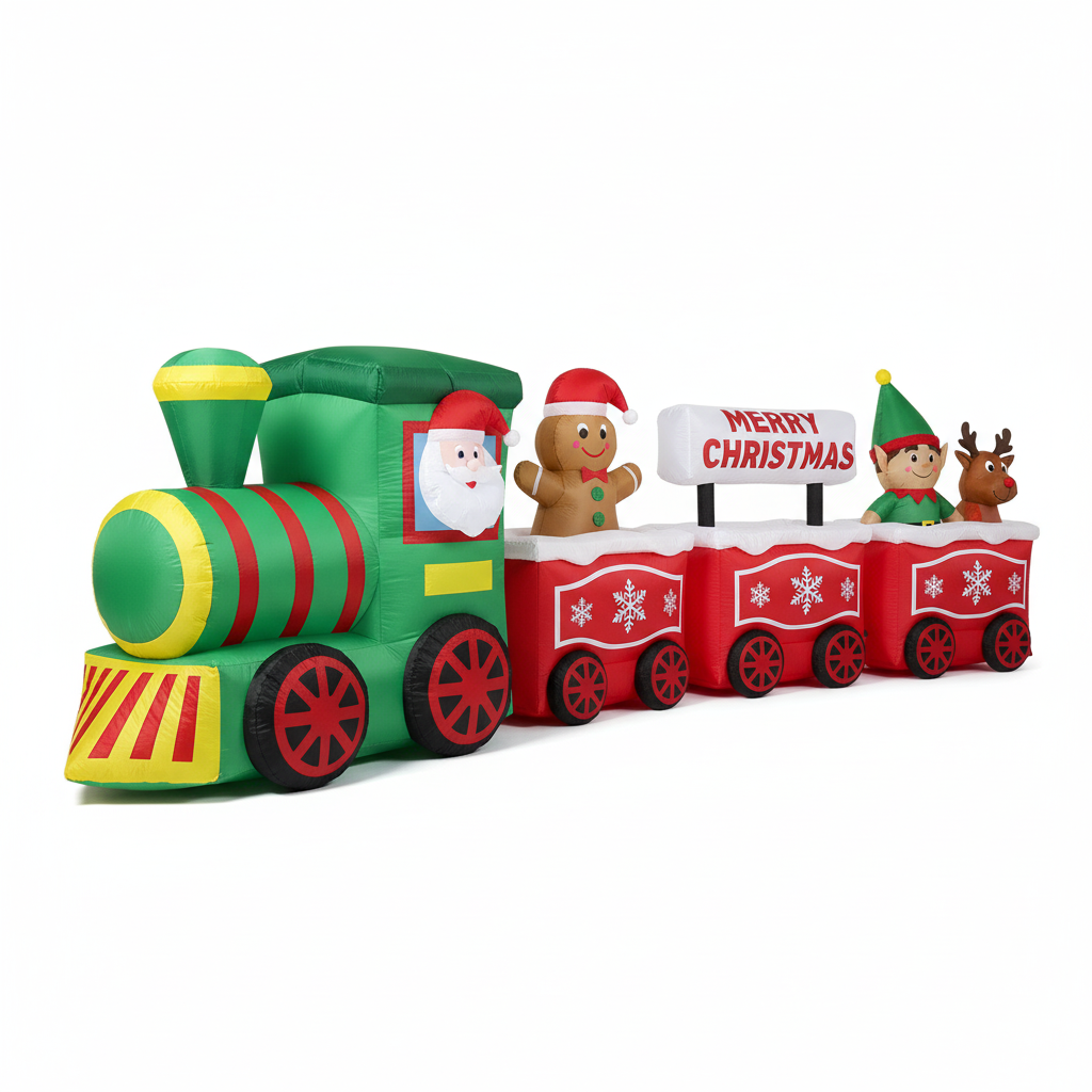 12 Ft Deluxe Christmas Inflatable Train with Santa, Reindeer & Gingerbread Man - Built-in LED Lights, Holiday Outdoor Decor