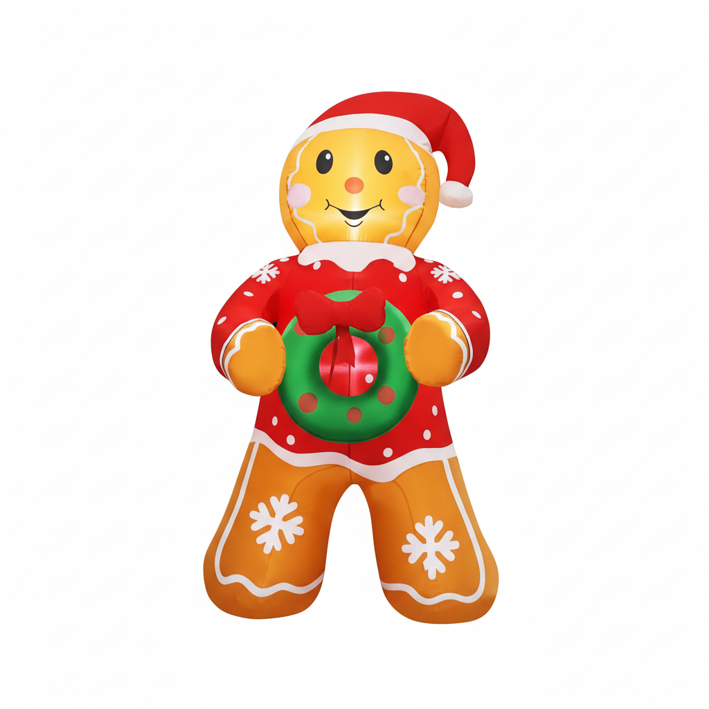5.6 FT LED Lighted Christmas Gingerbread Man Inflatable Yard Decoration with Santa Hat & Wreath - Outdoor Holiday Decor