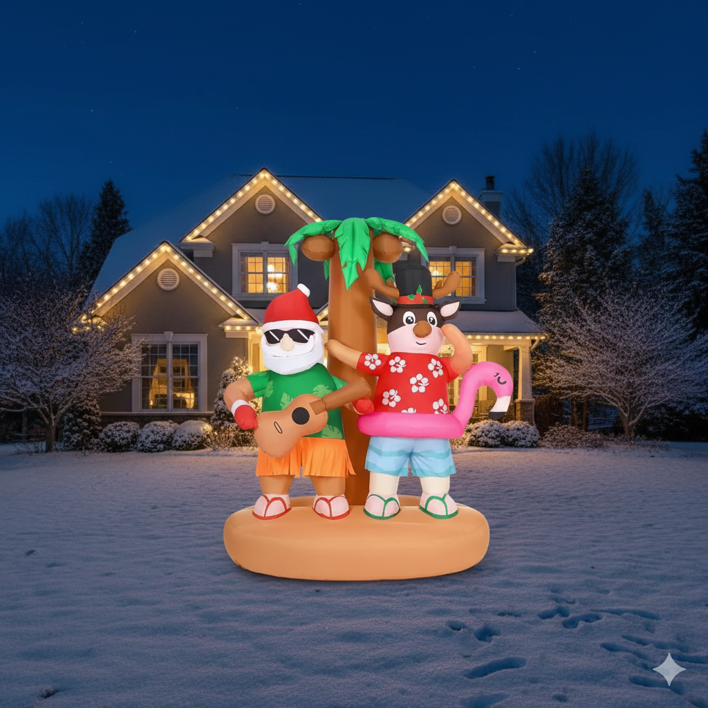 Hawaiian Christmas Inflatable: 6.9ft Tropical Santa & Reindeer with Palm Tree & Flamingo