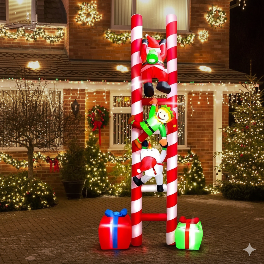 10 FT Giant Santa, Elf, & Snowman Climbing Candy Cane Inflatable Ladder Outdoor Christmas Decoration with LED Lights