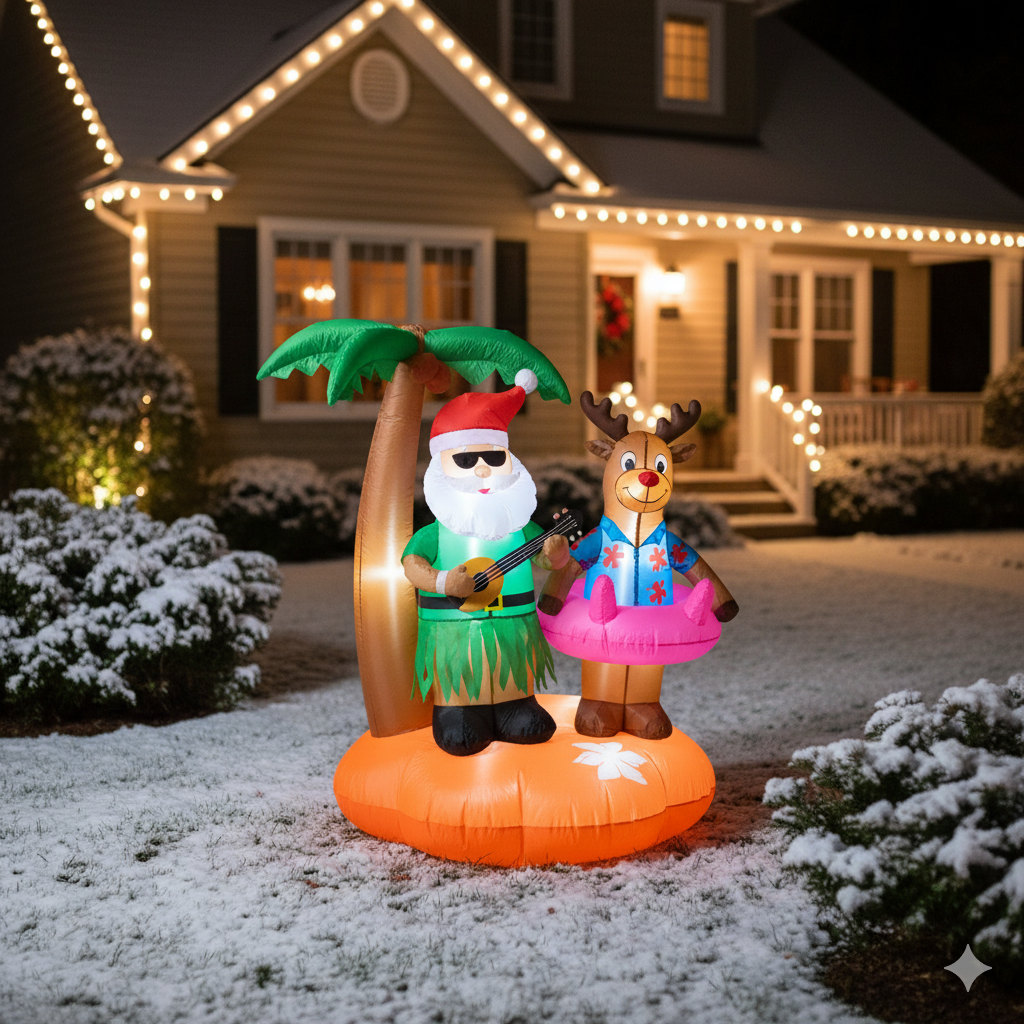 Hawaiian Christmas Inflatable: 6.9ft Tropical Santa & Reindeer with Palm Tree & Flamingo