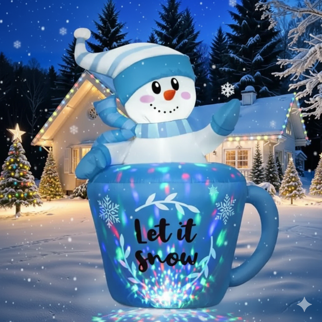 5FT Light-Up Christmas Inflatable Snowman in Blue Mug | Durable Outdoor Holiday Decoration