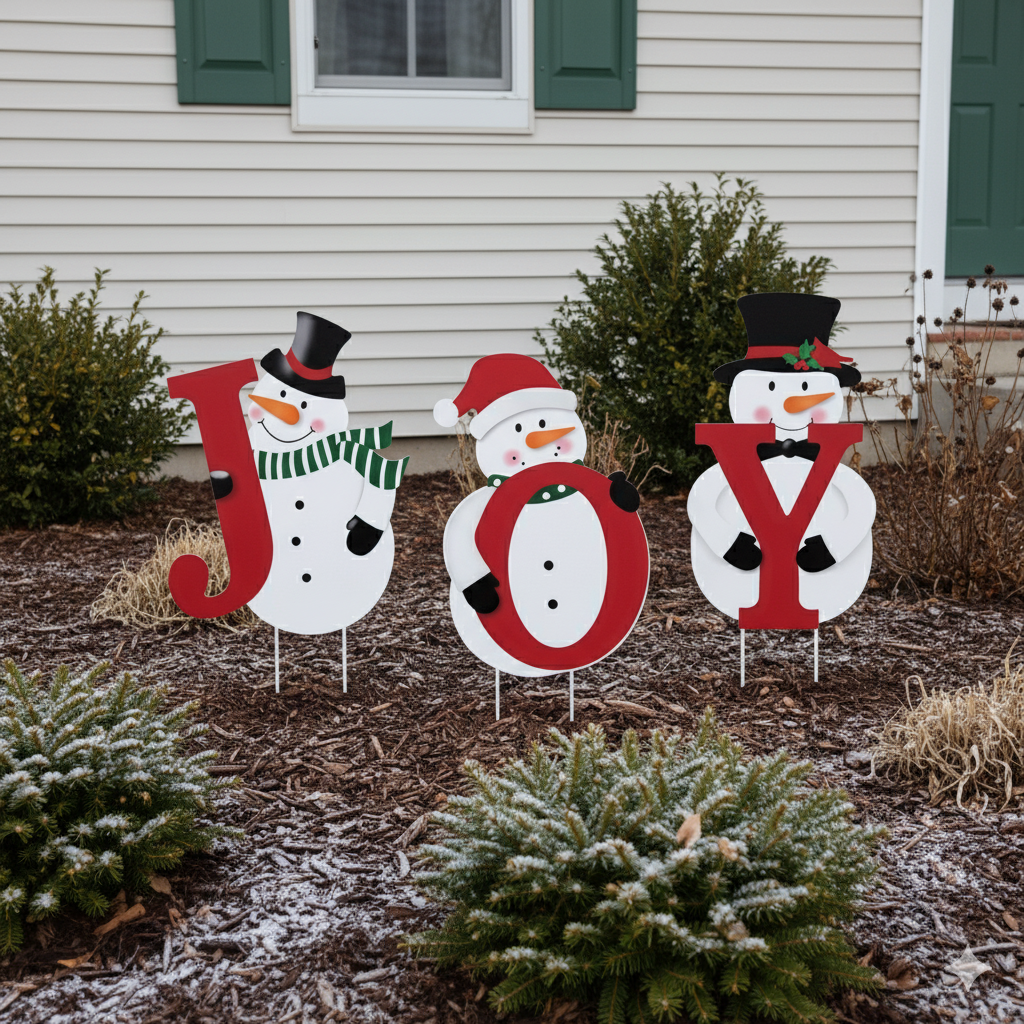 Festive Snowman 'JOY' Christmas Yard Stakes with LED Lights - Waterproof Outdoor Holiday Decor