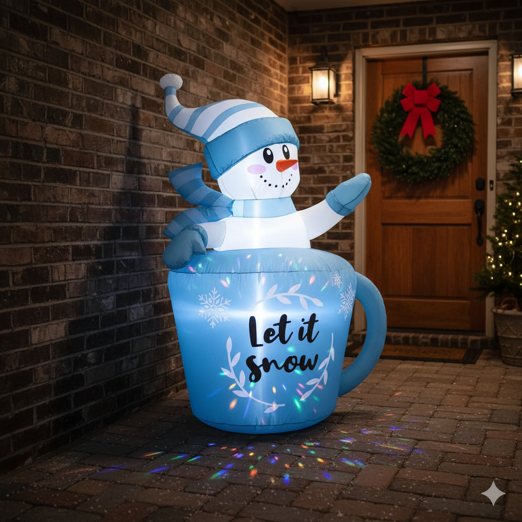 5FT Light-Up Christmas Inflatable Snowman in Blue Mug | Durable Outdoor Holiday Decoration