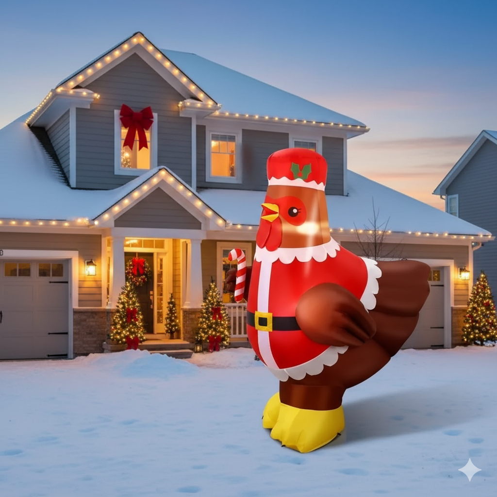 5ft Lighted Christmas Inflatable Chicken Decor with Santa Outfit & LED Lights